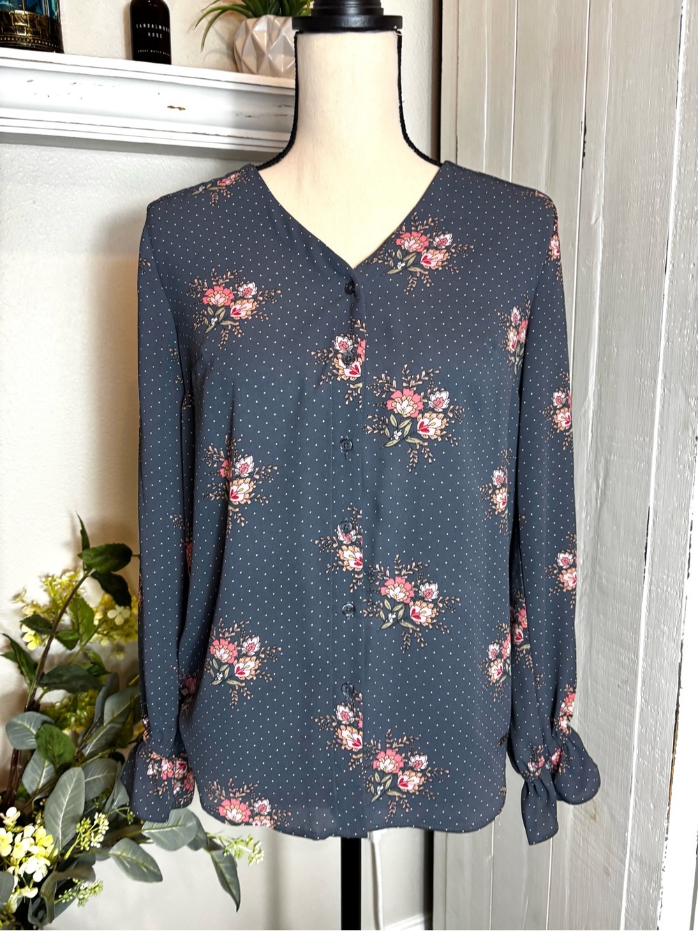 T Tahari Floral Blouse - Blue Gray with Pink Floral
